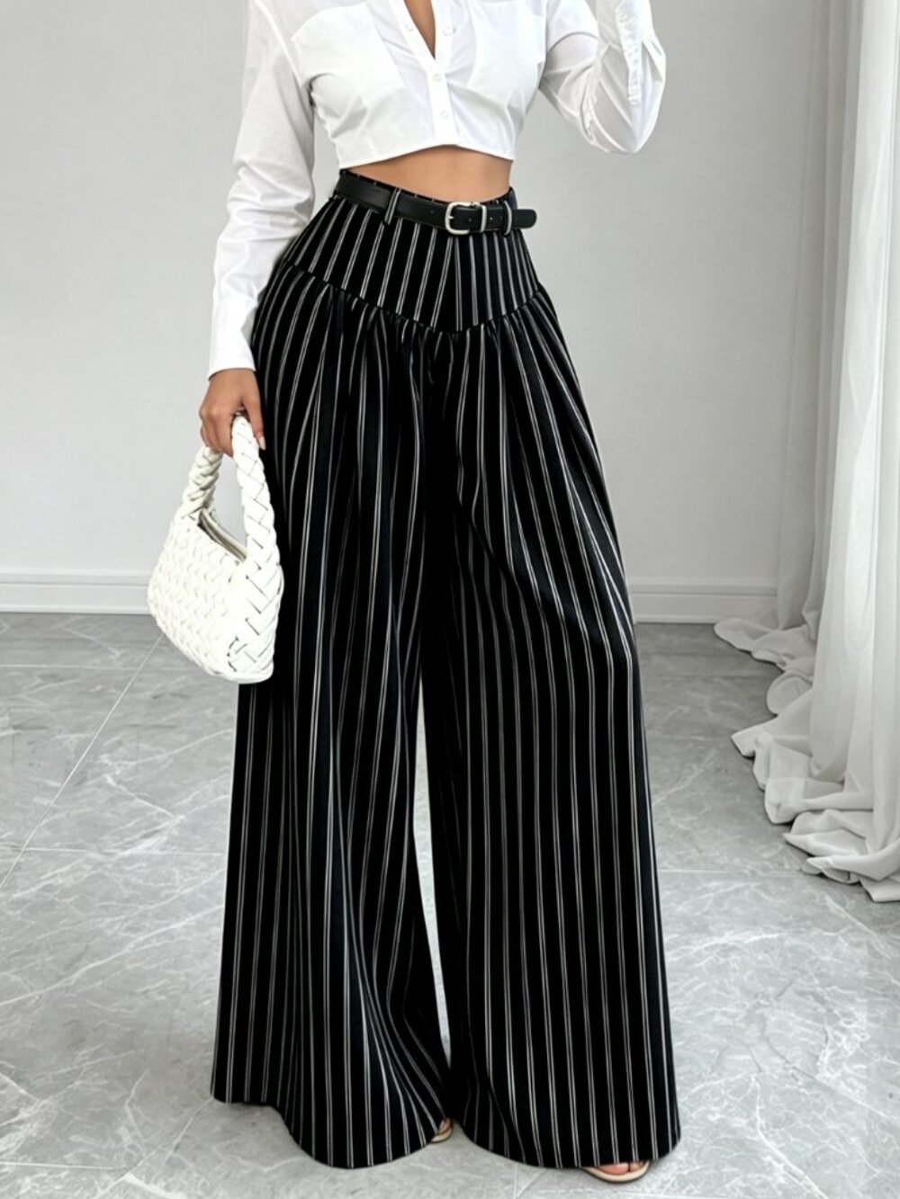 Black Casual Women's French Style Drapey Striped Wide Leg Long Pants - Picture 5 of 7